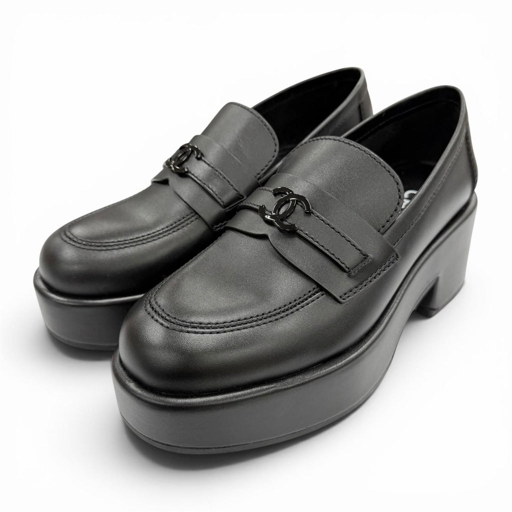 Chanel CC Logo with Thick Sole Leather Loafers Black