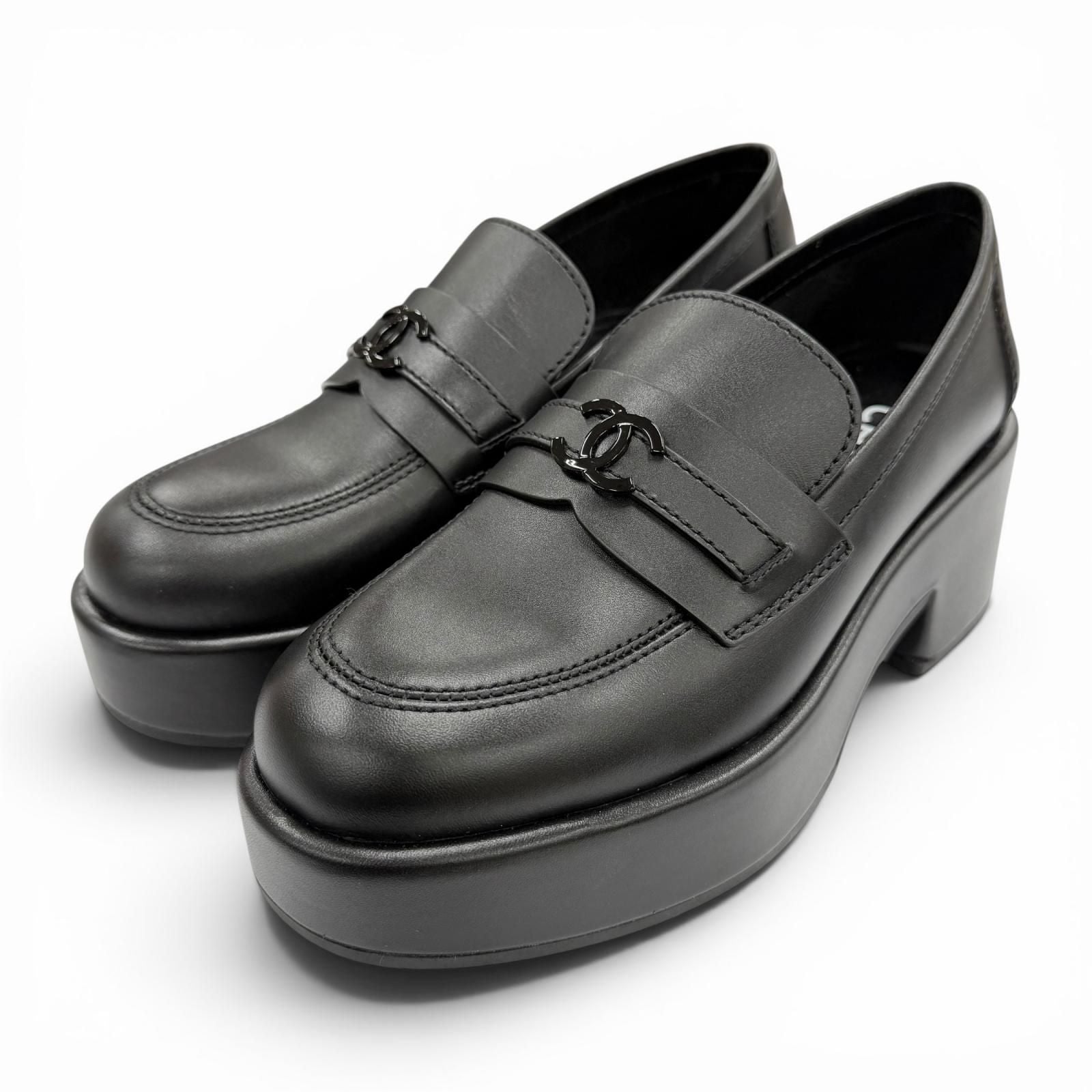 Chanel CC Logo with Thick Sole Leather Loafers Black