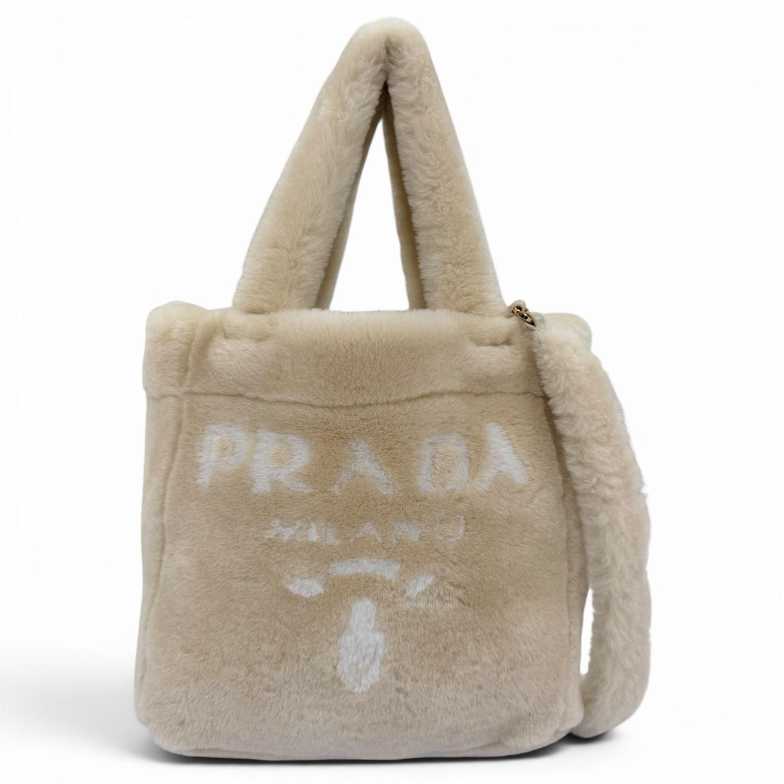 Prada Terry Shearling Tote Sheepskin Triangle Logo Pouch 2-Way Shoulder — view 2