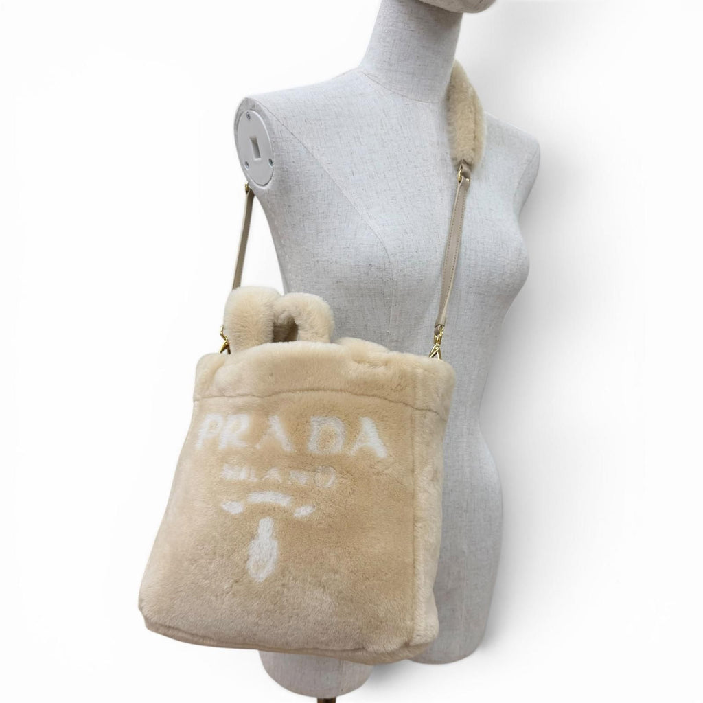 Prada Terry Shearling Tote Sheepskin Triangle Logo Pouch 2-Way Shoulder — view 8
