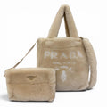 Prada Terry Shearling Tote Sheepskin Triangle Logo Pouch 2-Way Shoulder