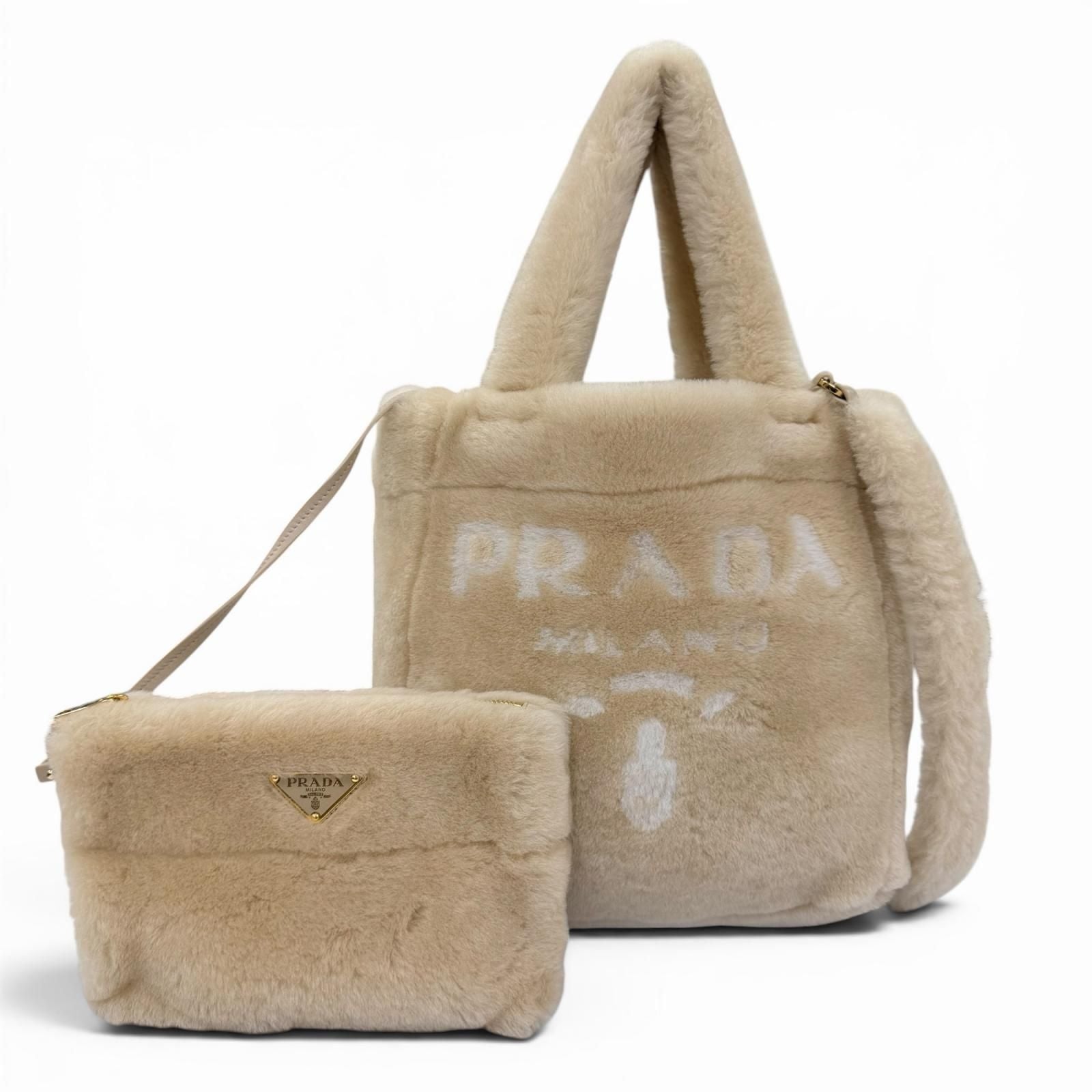 Prada Terry Shearling Tote Sheepskin Triangle Logo Pouch 2-Way Shoulder