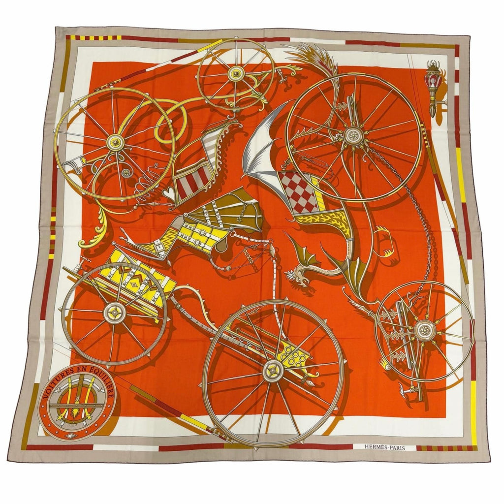 Hermes Carre Geant 140 Voitures en Rquilibre Cashmere Silk Blanc Orange Jaune