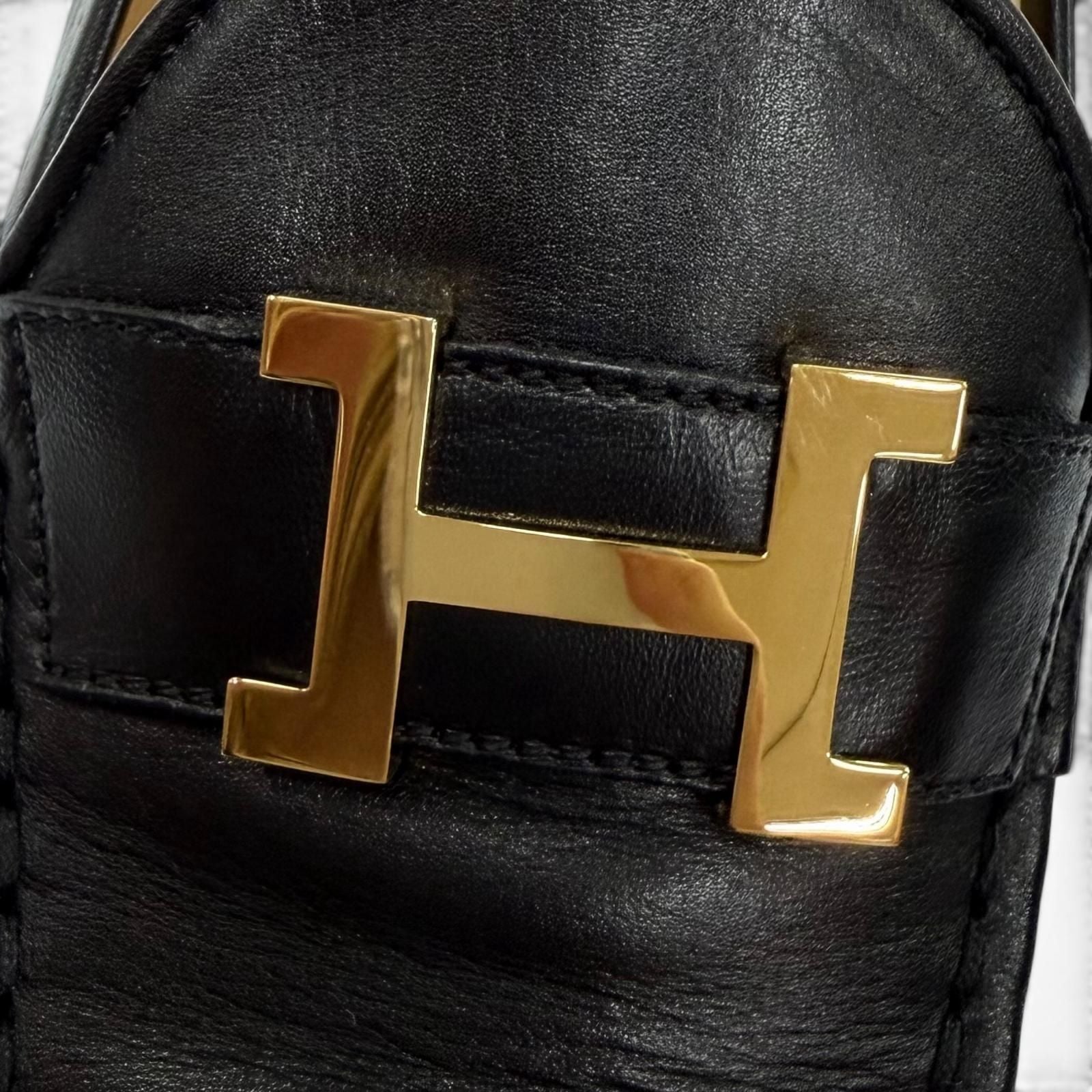 Hermes Constance Gold Logo Leather Loafers Black — view 9