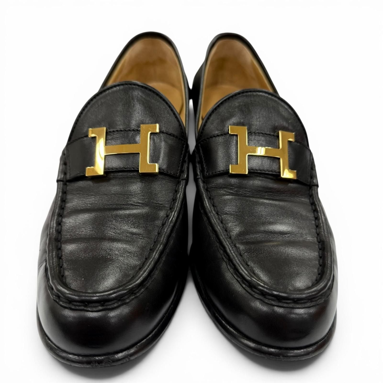 Hermes Constance Gold Logo Leather Loafers Black — view 4