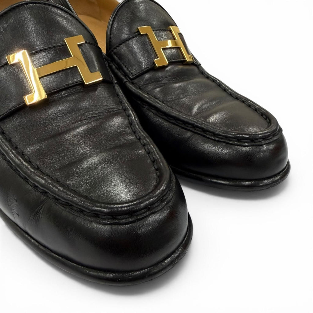 Hermes Constance Gold Logo Leather Loafers Black — view 8