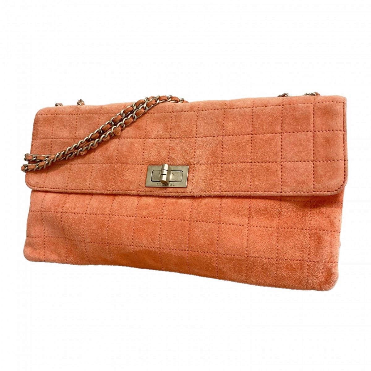 Chanel Shoulder Bag Chocolate Suede Pink Silver