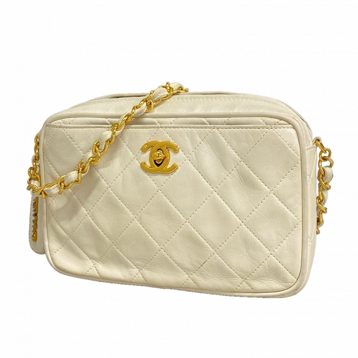 Chanel Shoulder Bag Quilted Lambskin White Gold
