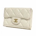 Chanel Trifold Wallet Quilted Caviar Leather White Champagne Gold