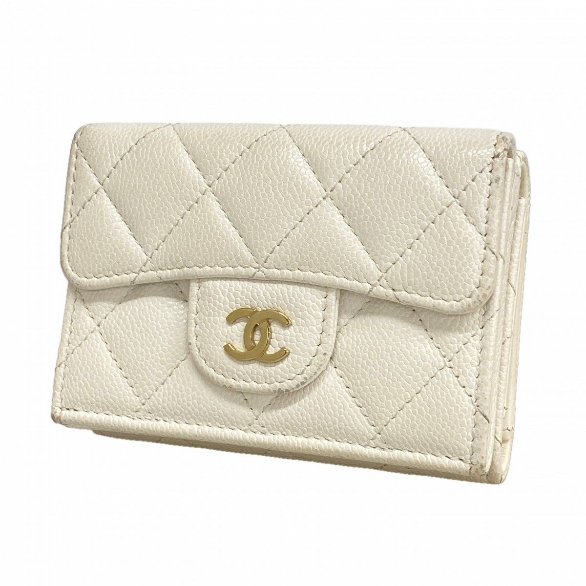 Chanel Trifold Wallet Quilted Caviar Leather White Champagne Gold
