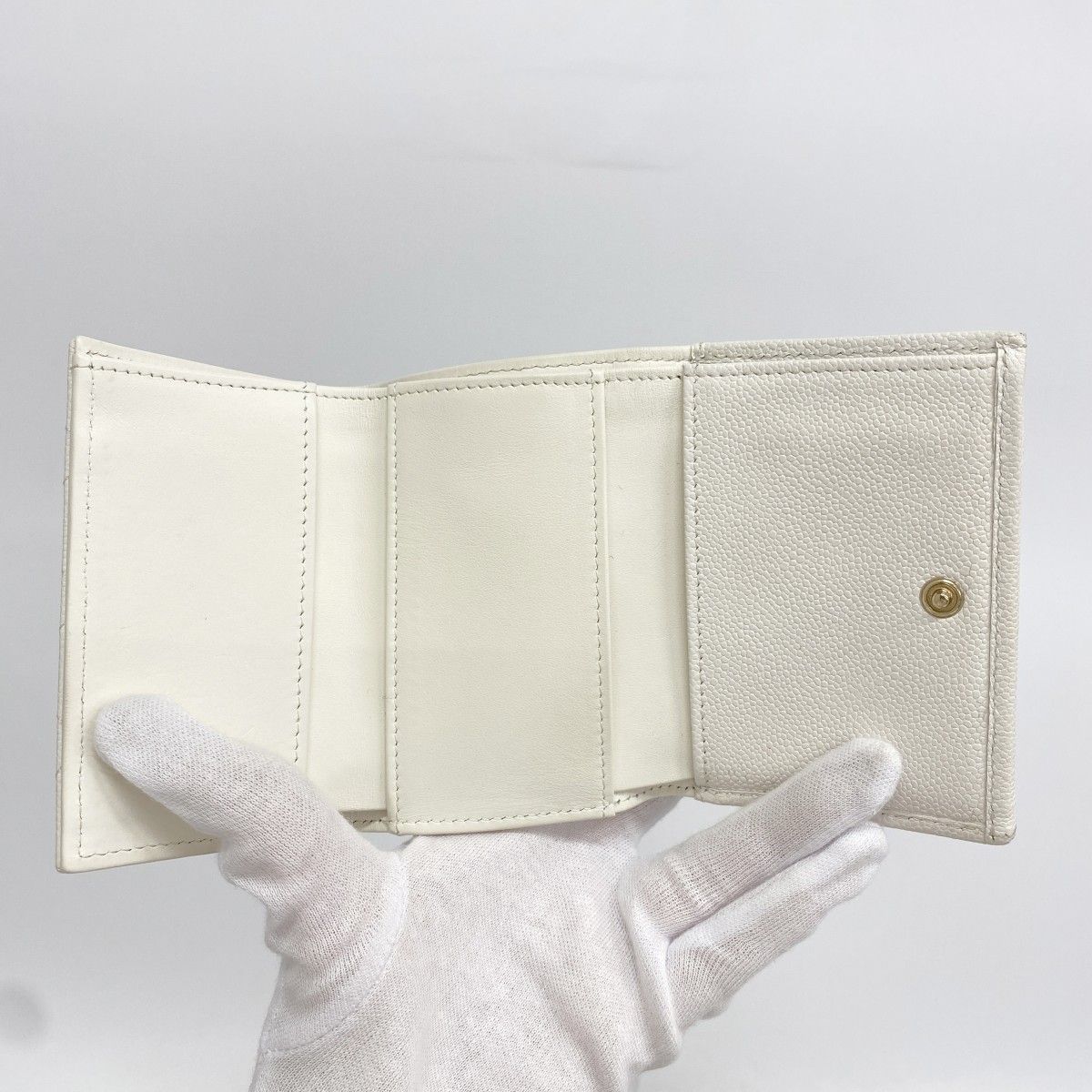 Chanel Trifold Wallet Quilted Caviar Leather White Champagne Gold — view 3