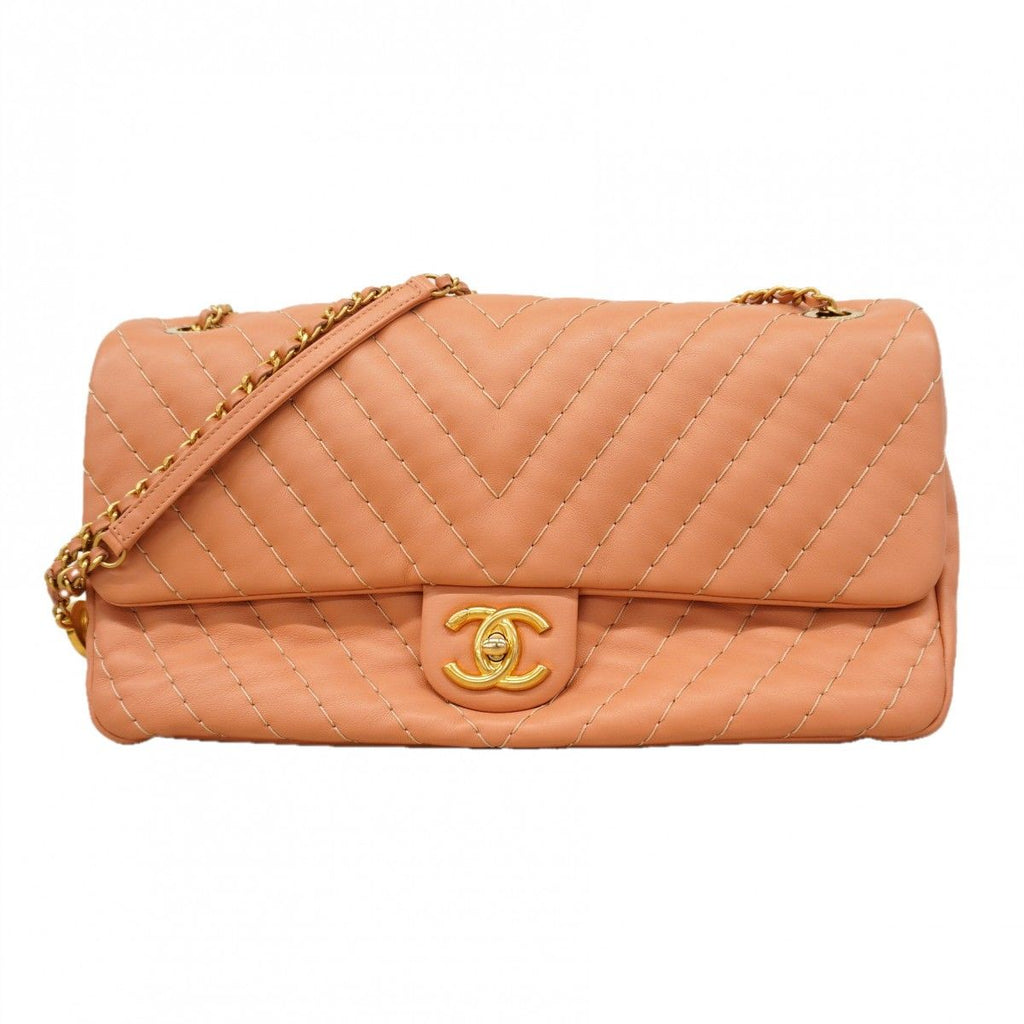 Chanel Shoulder Bag Stitch Lambskin Salmon Pink Gold