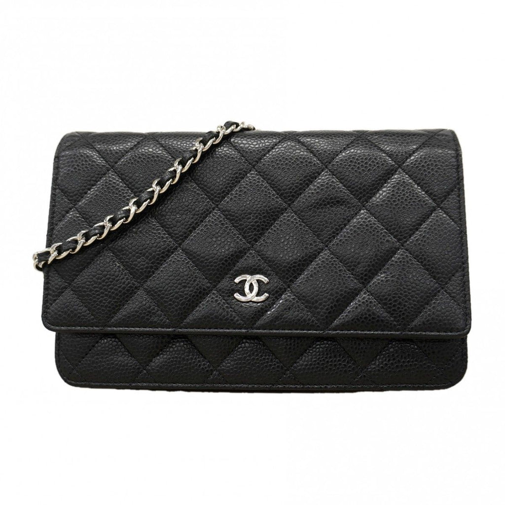 Chanel Shoulder Wallet Quilted Caviar Leather Black Silver