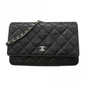 Chanel Shoulder Wallet Quilted Caviar Leather Black Silver