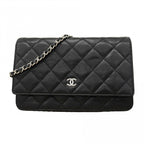 Chanel Shoulder Wallet Quilted Caviar Leather Black Silver