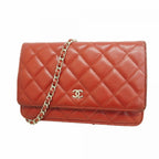 Chanel Shoulder Wallet Quilted Caviar Leather Red Silver