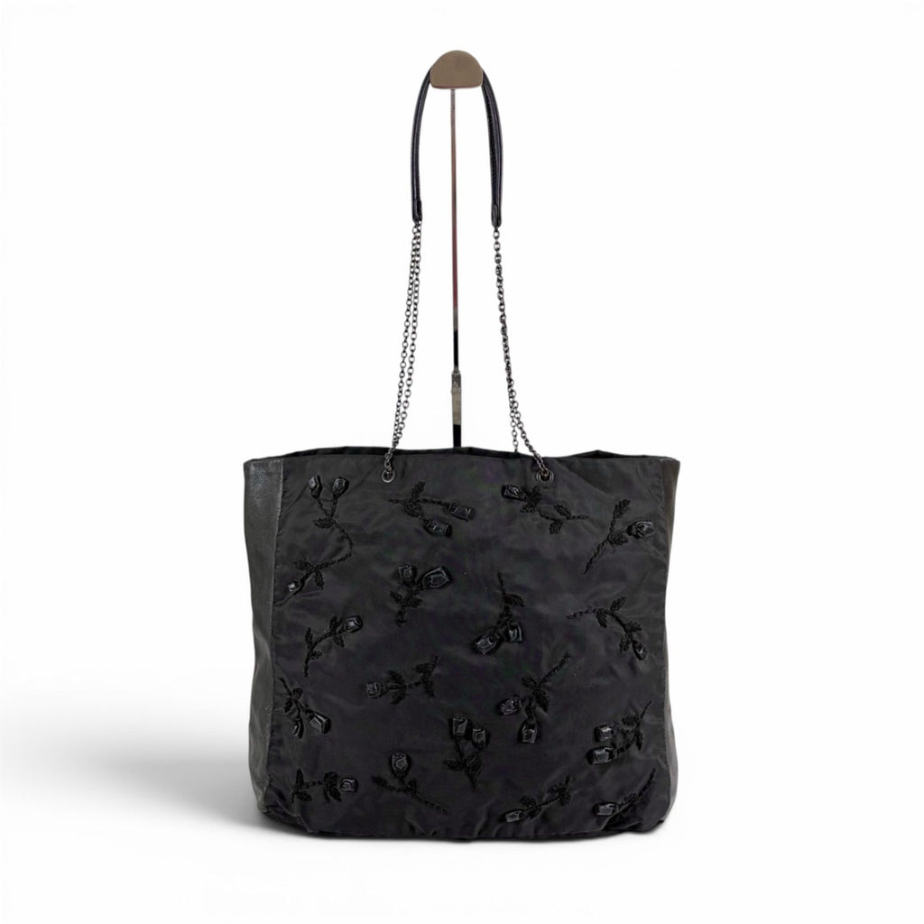 Prada Flower Motif Chain Tote Tessuto Nylon Leather Black Rose