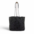 Prada Flower Motif Chain Tote Tessuto Nylon Leather Black Rose