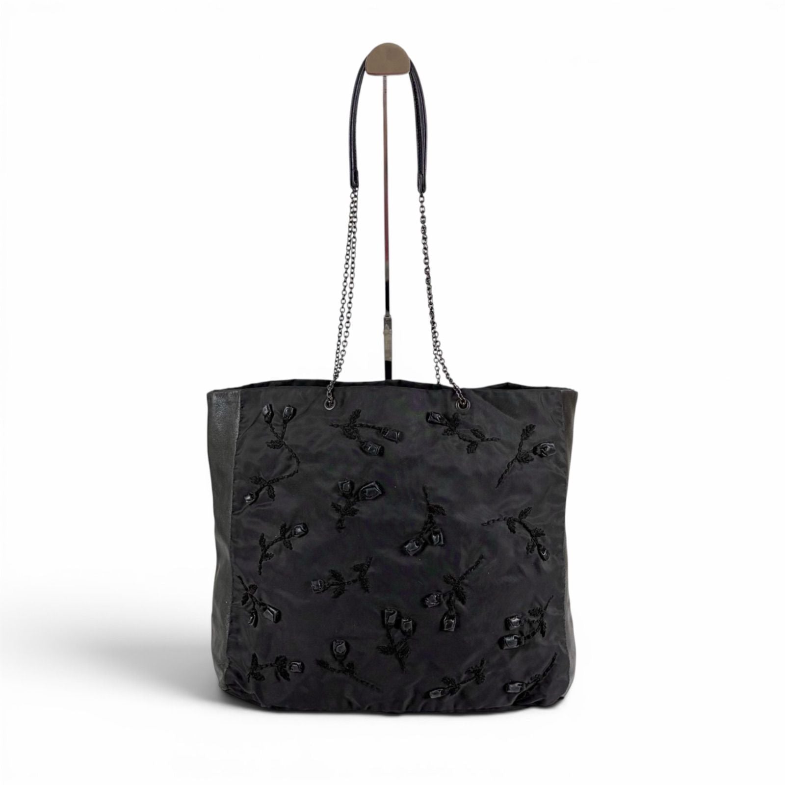 Prada Flower Motif Chain Tote Tessuto Nylon Leather Black Rose