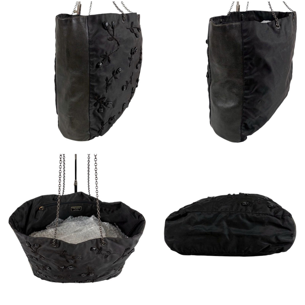 Prada Flower Motif Chain Tote Tessuto Nylon Leather Black Rose — view 3