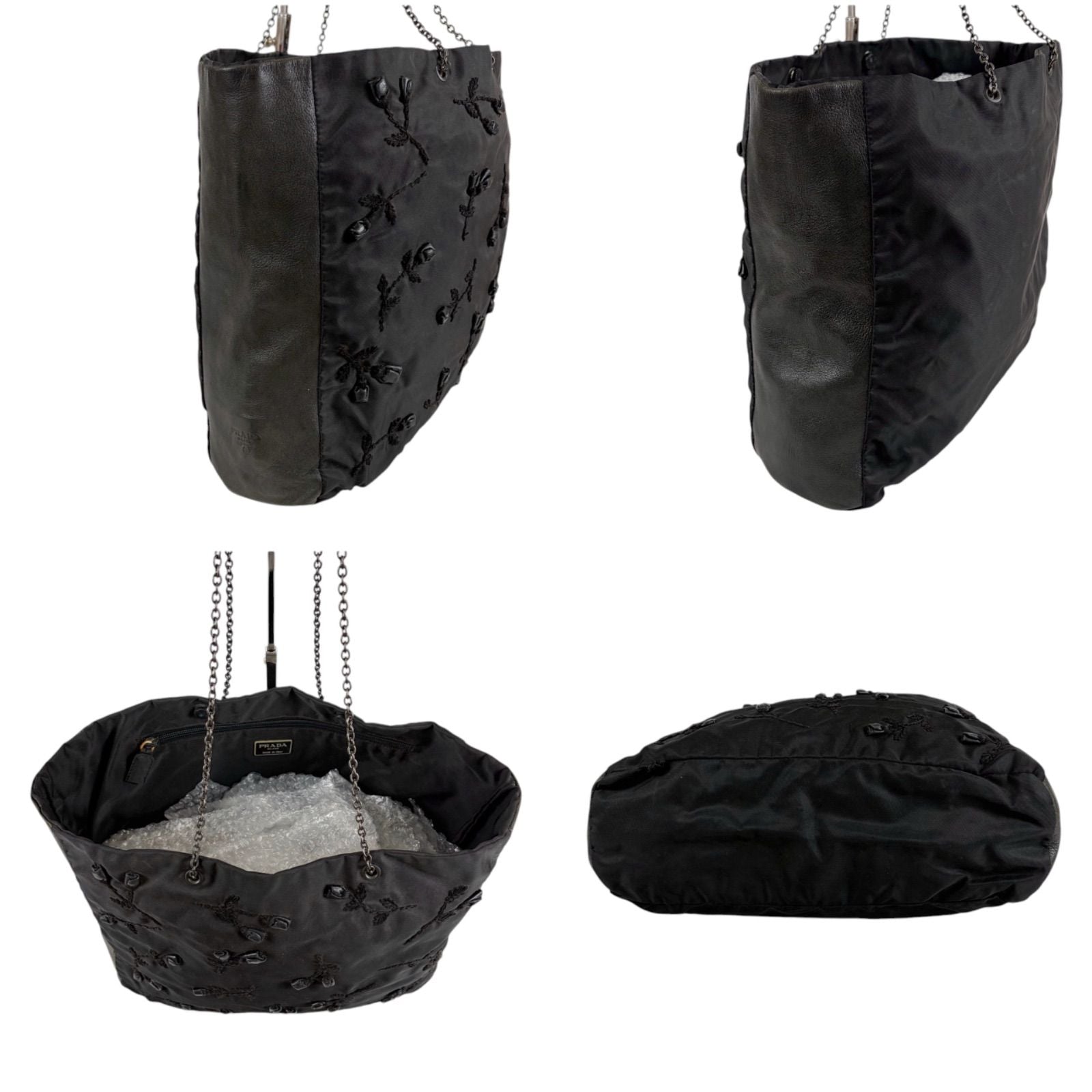 Prada Flower Motif Chain Tote Tessuto Nylon Leather Black Rose — view 3