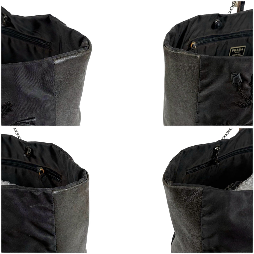 Prada Flower Motif Chain Tote Tessuto Nylon Leather Black Rose — view 4