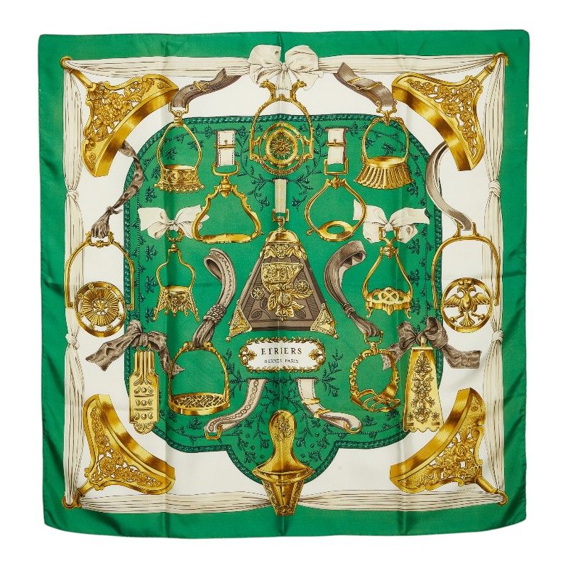 Hermes Carre 90 Etriers Scarf Green Multicolor Silk