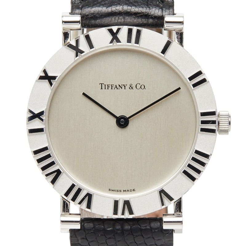 Tiffany & Co Atlas Watch Silver Black Leather