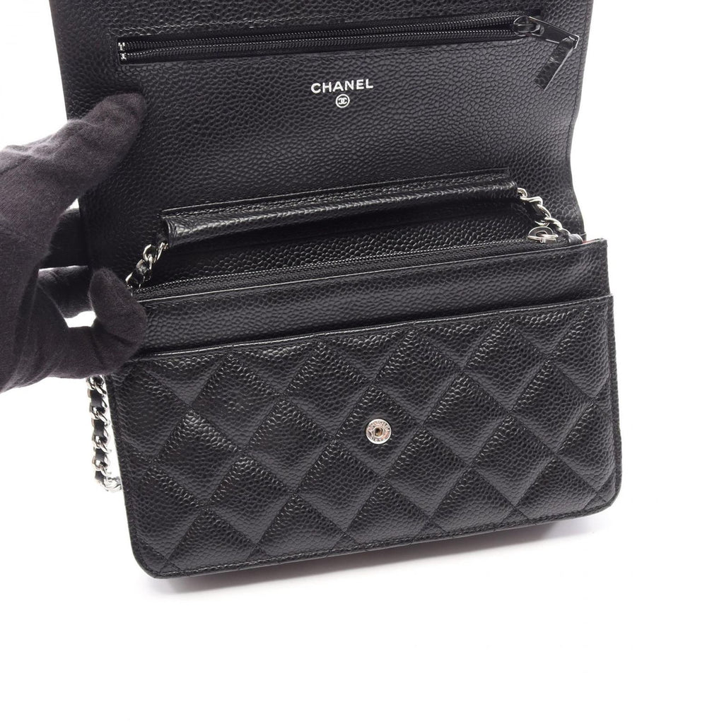 Chanel Shoulder Bag Quilted Black Caviar Leather Chain Wallet — view 4