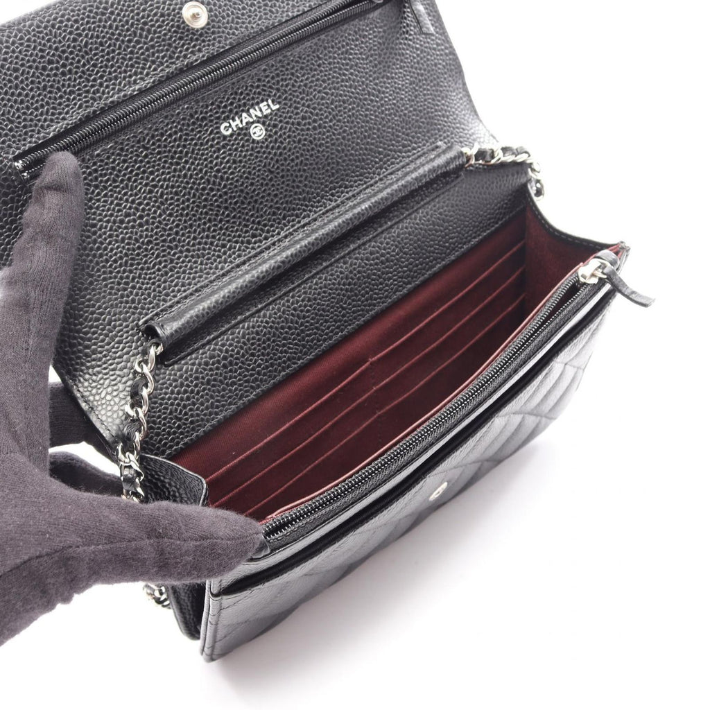 Chanel Shoulder Bag Quilted Black Caviar Leather Chain Wallet — view 3