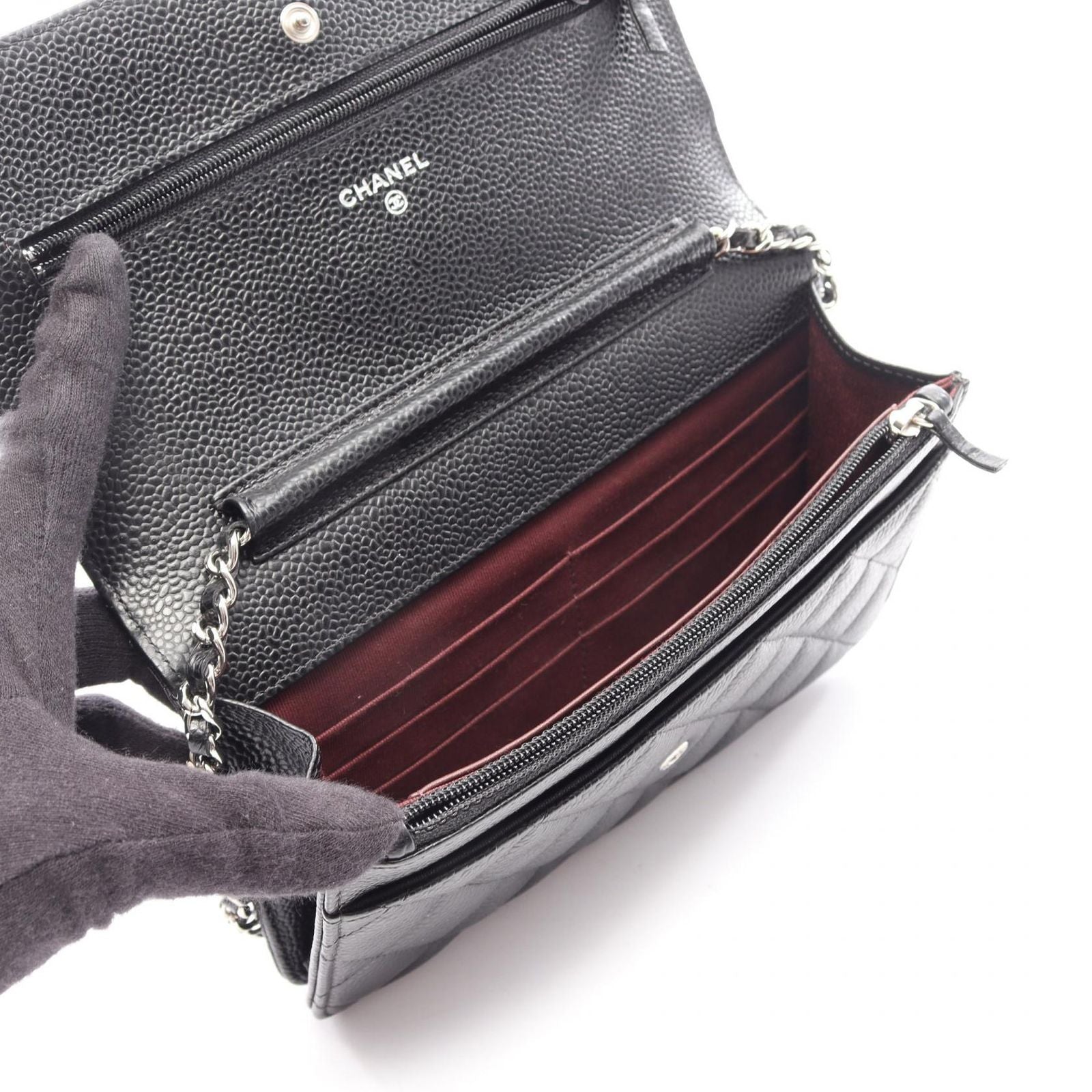 Chanel Shoulder Bag Quilted Black Caviar Leather Chain Wallet — view 3