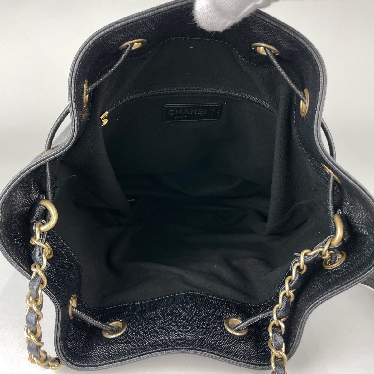 Chanel Deauville Shoulder Bag Studs Drawstring Caviar Leather Black — view 6