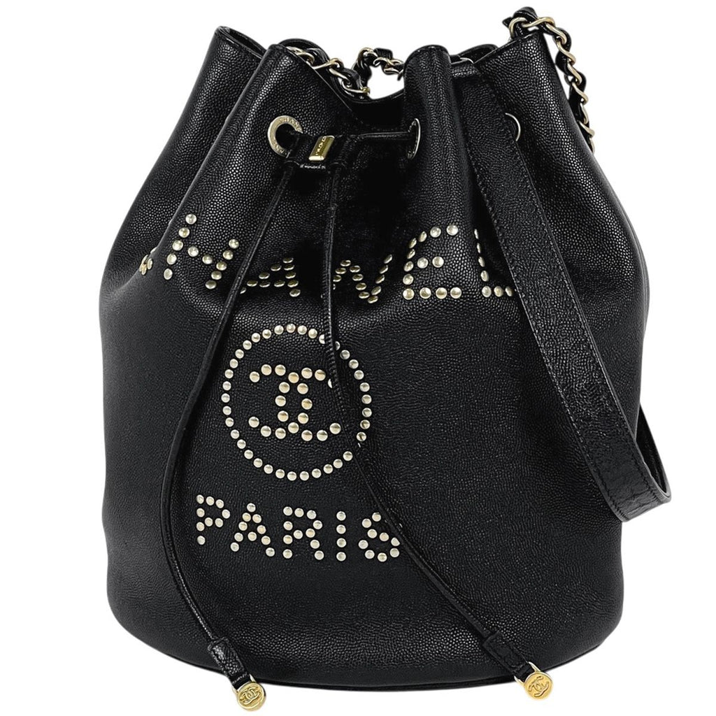 Chanel Deauville Shoulder Bag Studs Drawstring Caviar Leather Black