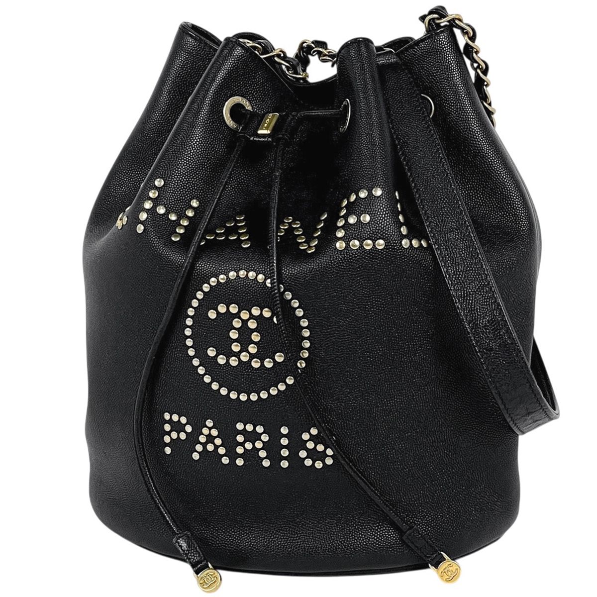 Chanel Deauville Shoulder Bag Studs Drawstring Caviar Leather Black