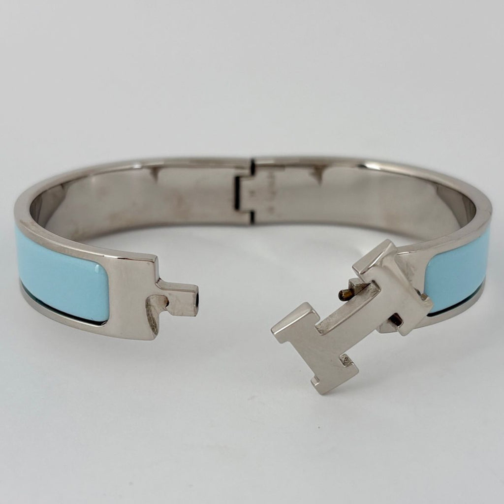 Hermes Clic Clac PM Bracelet Logo Bangle Silver Plated Light Blue — view 4