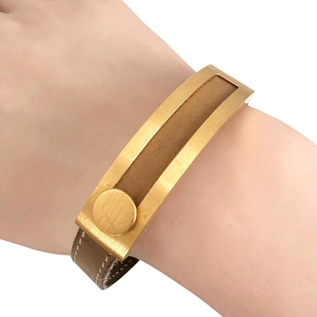 Hermes Puspusu Leather Metal Brown Bracelet Gold — view 3