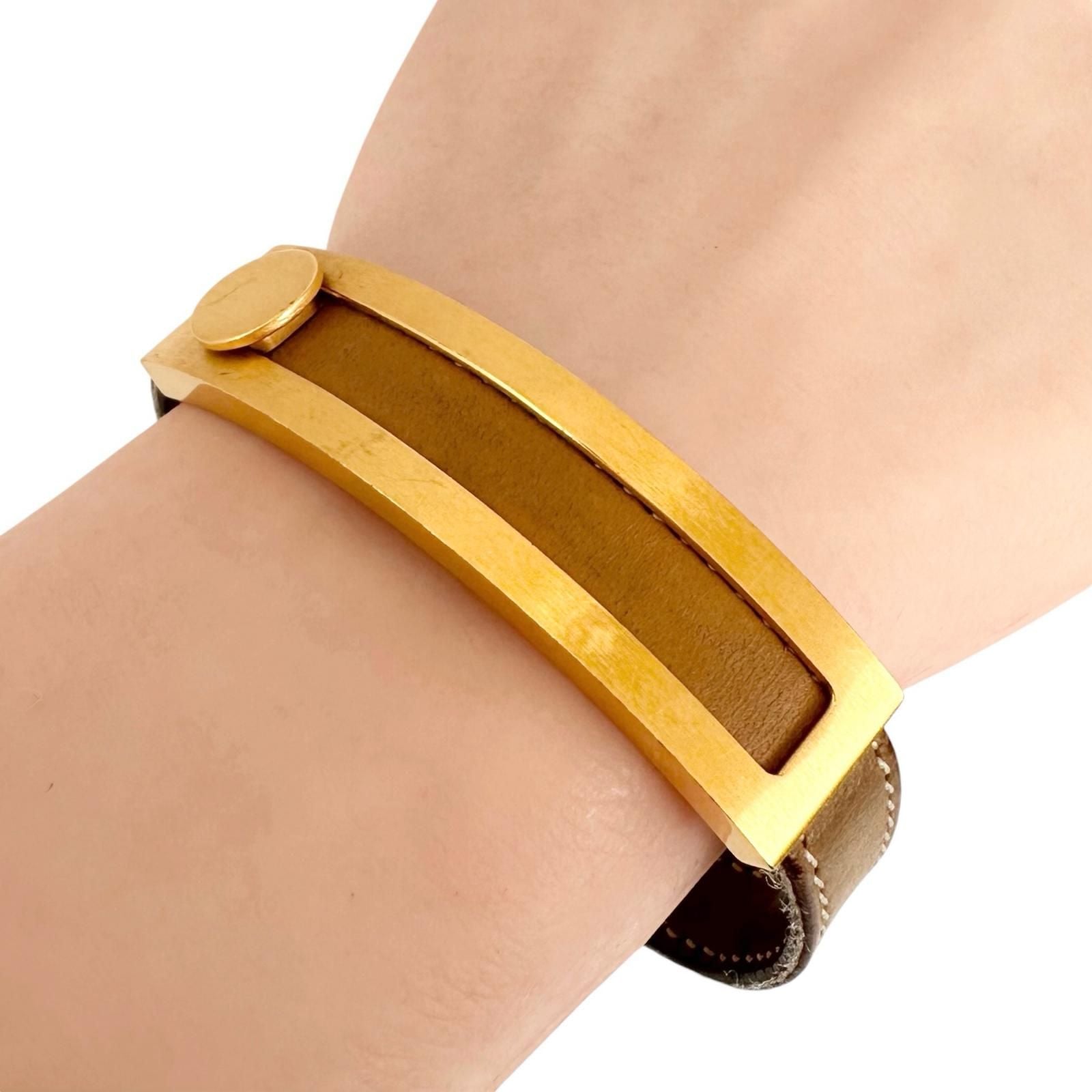 Hermes Puspusu Leather Metal Brown Bracelet Gold — view 4