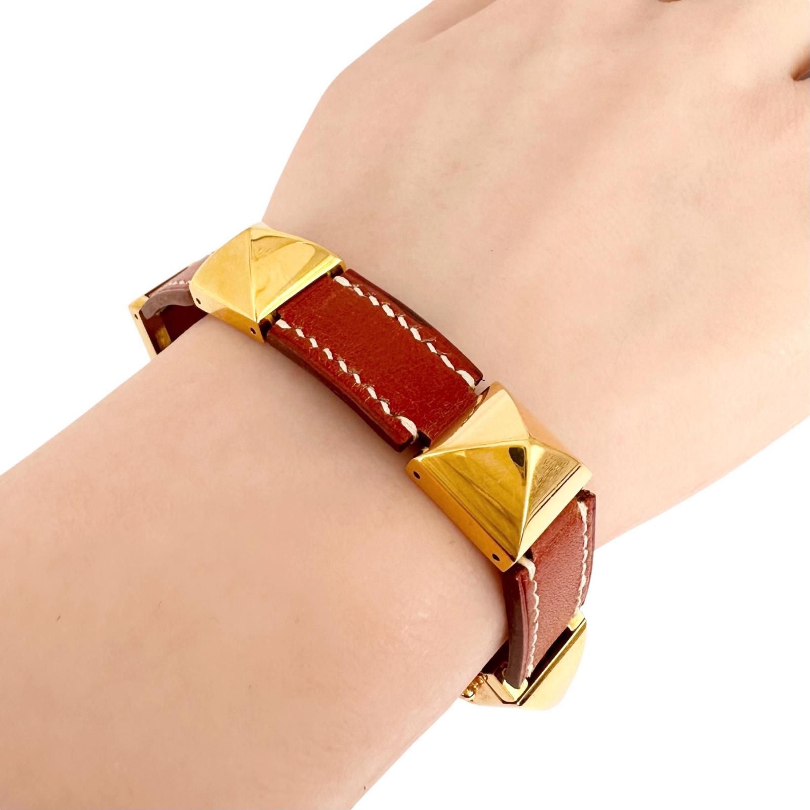Hermes Leather Metal Brown Bracelet Gold — view 4
