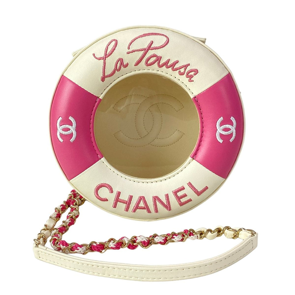 Chanel Shoulder Bag Ivory Pink Clear Cruise Line Chain Lifting Leather Ring