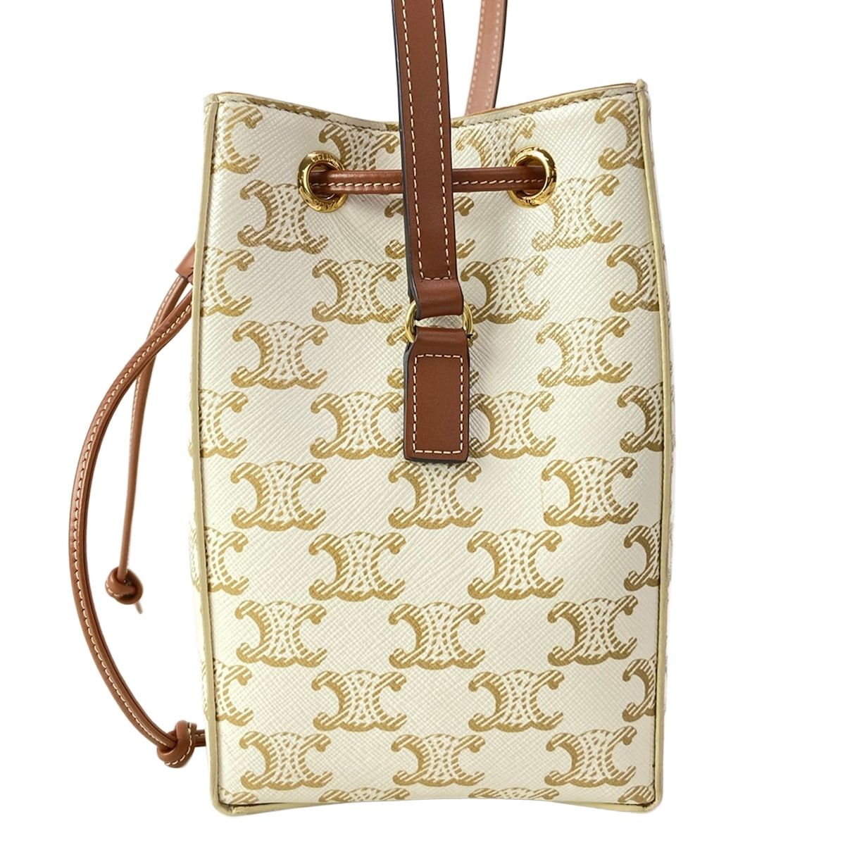 Celine Shoulder Bag Micro Cera Triomphe Canvas Ivory Brown Drawstring Leather — view 4