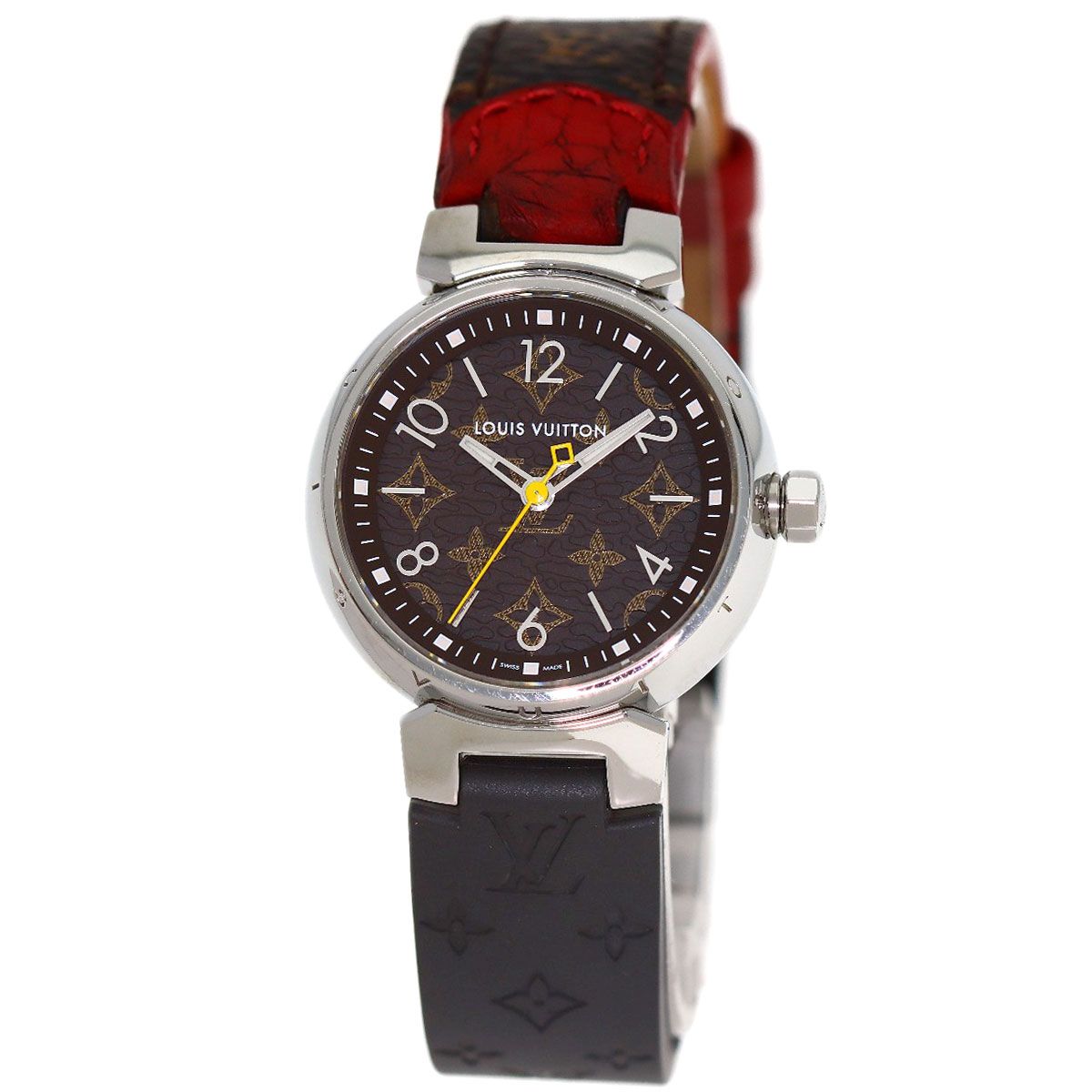 Louis Vuitton Tambour PM Monogram Watch SS Leather Rubber