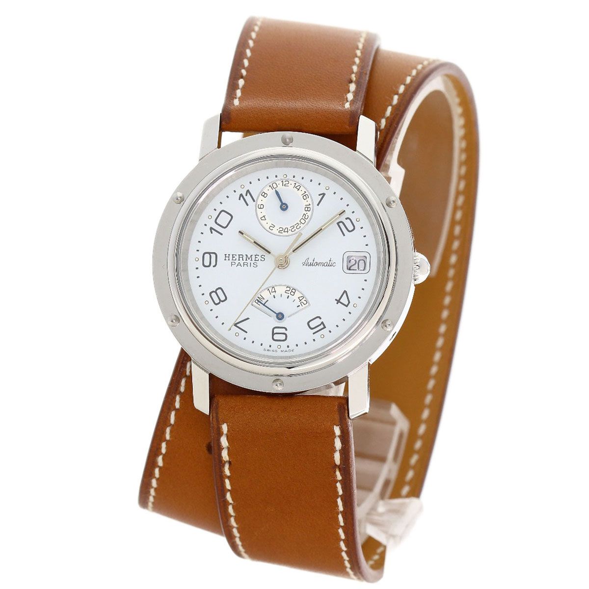 Hermes Clipper Double Tour Power Reserve Watch SS Leather