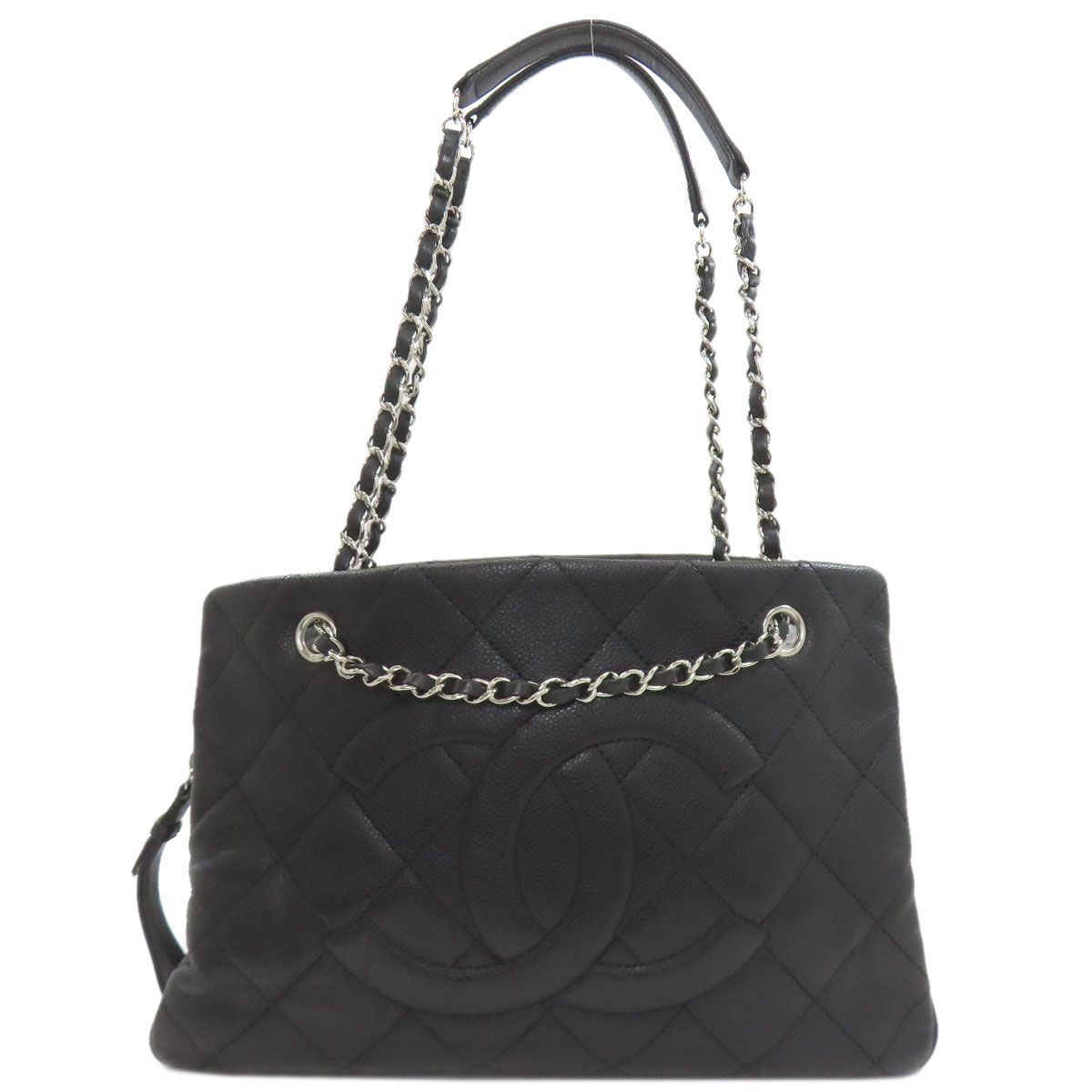 Chanel Chain Quilted Silver Tote Grained Calfskin