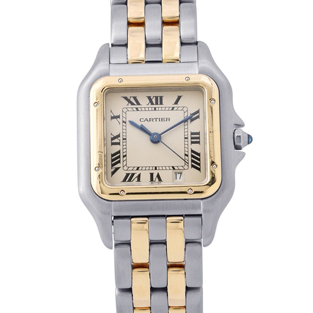 Cartier Panthere MM 2 Row SS 18k Yellow Gold Watch Quartz Ivory Dial