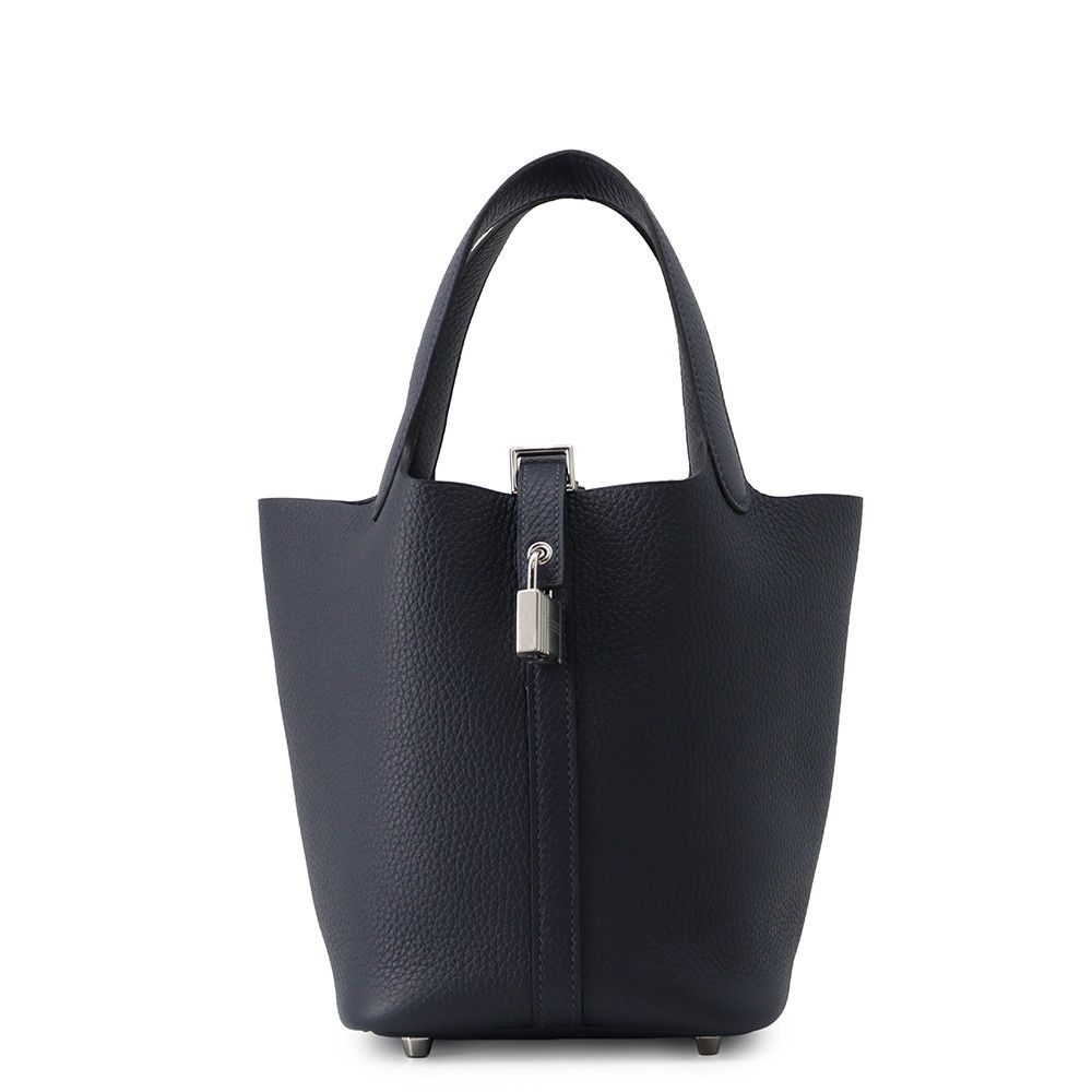 Hermes Handbag Picotin Lock PM Blue Nuit Silver Taurillon Clemence Tote