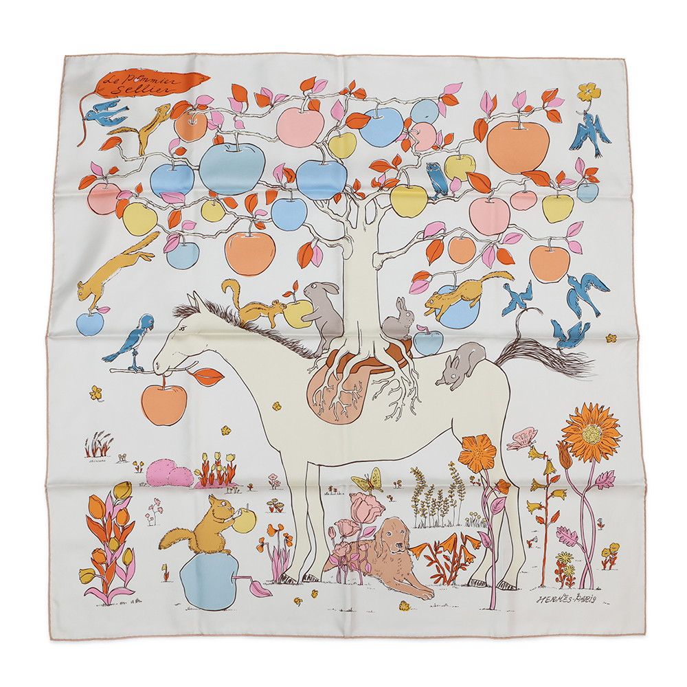 Hermes Scarf Carre 90 le Pommier Sellier Silk White