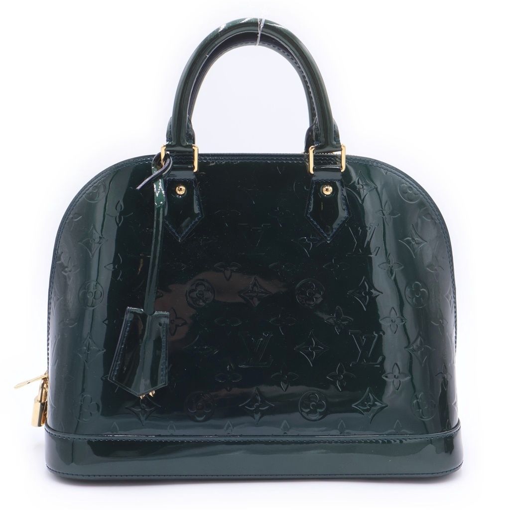Louis Vuitton Monogram Vernis Alma PM Blue Nuit Handbag Green Patent Gold