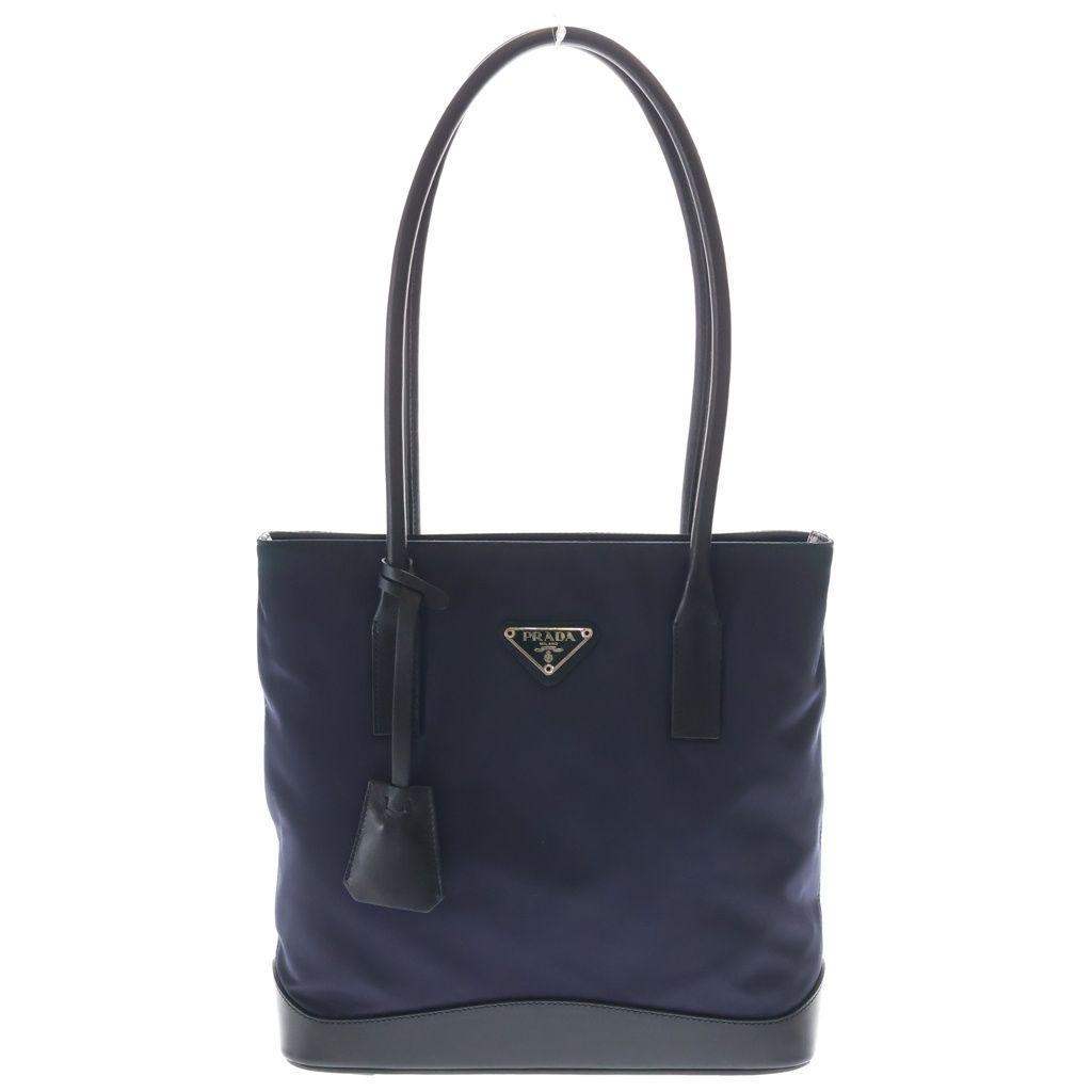Prada Mini Tote Navy Nylon Leather to Line Angle Logo