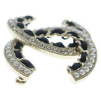 Chanel CC Logo Brooch Metal Leather Rhinestone Gold Plated Black — view 4