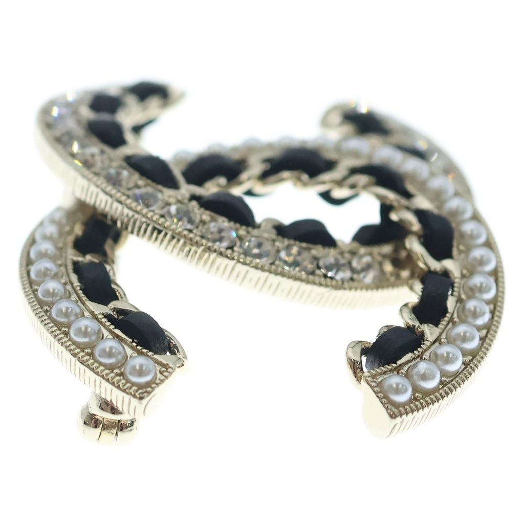 Chanel CC Logo Brooch Metal Leather Rhinestone Gold Plated Black — view 4